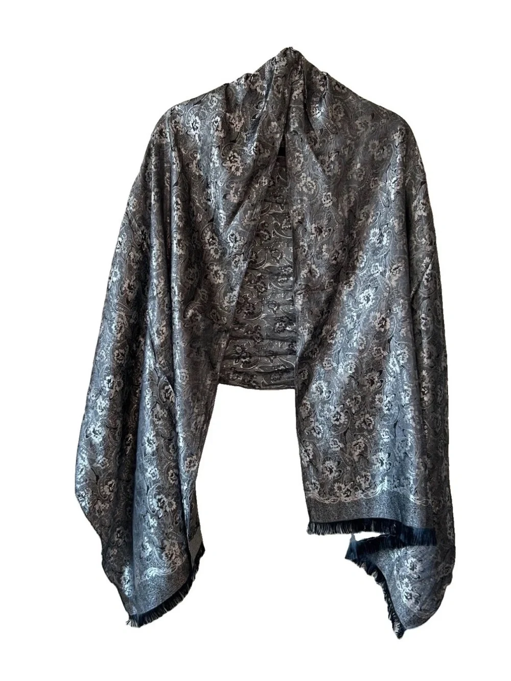 Vintage Thai Silk 100% Silk Shawl Wrap Silver Black Paisley Brocade Fringe 73in